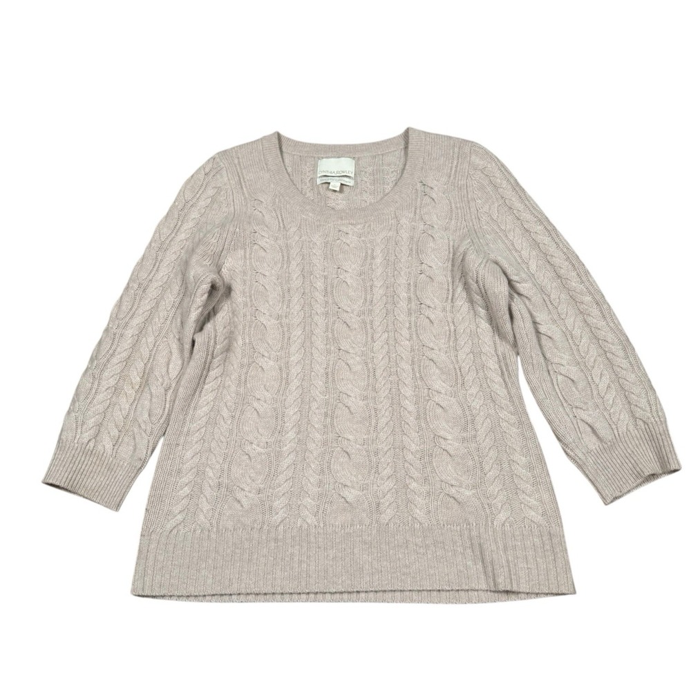CYNTHIA ROWLEY Beige/Tan 2 Ply Cashmere‎ Cable Knit 3/4 Sleeves Sweater Sz L